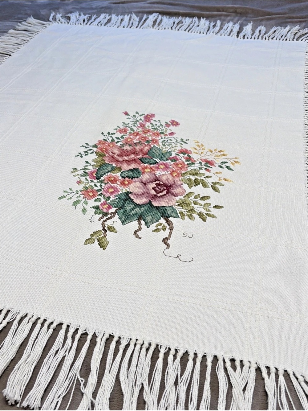 Vintage Hand Embroidered Floral Cross Stitch Tablecloth 34" x 44" Tassel Fringe